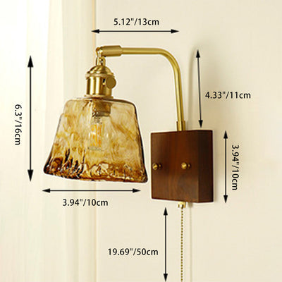 Traditional Japanese Trapezoid Copper Wood Glass 1-Light Wall Sconce Lamp For Living Room