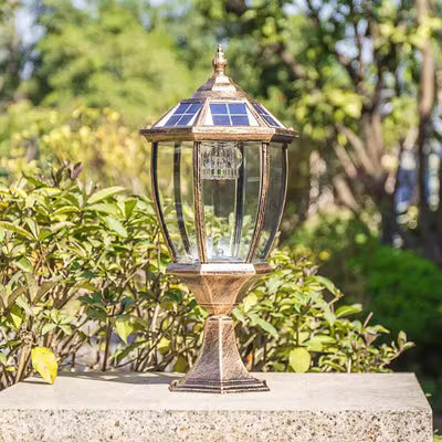 Contemporary Retro Hexagon Aluminum Glass LED Solar Post Head Landscape Light For Garden