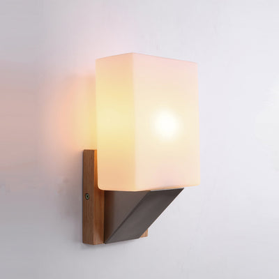 Contemporary Nordic Rectangular Wood Iron Glass 1-Light Wall Sconce Lamp For Living Room