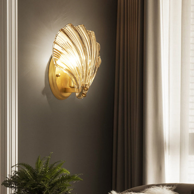 Contemporary Luxury Shell Copper Glass 1-Light Wall Sconce Lamp For Living Room