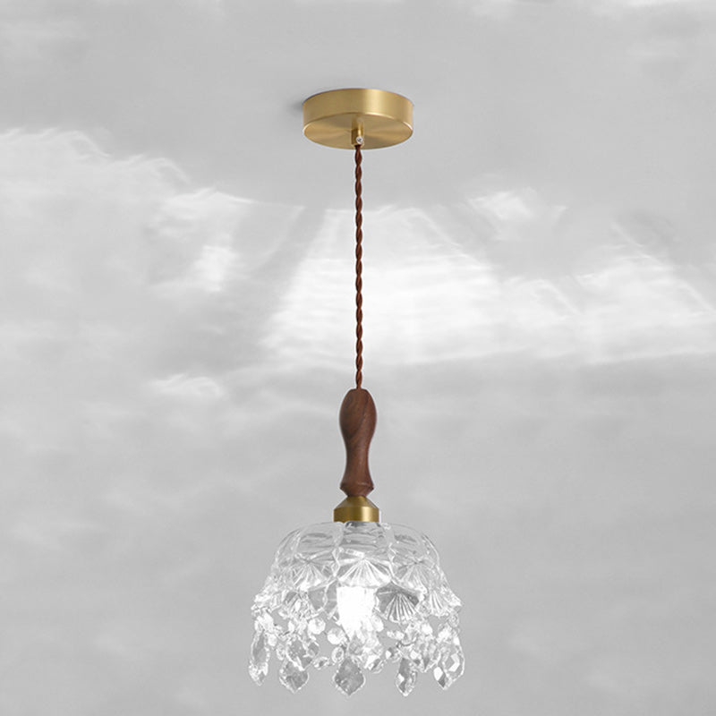 Traditional French Teardrop Copper Wood Glass 1-Light Pendant Light For Living Room