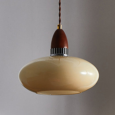 Traditional French Oval Wood Glass 1-Light Pendant Light For Living Room