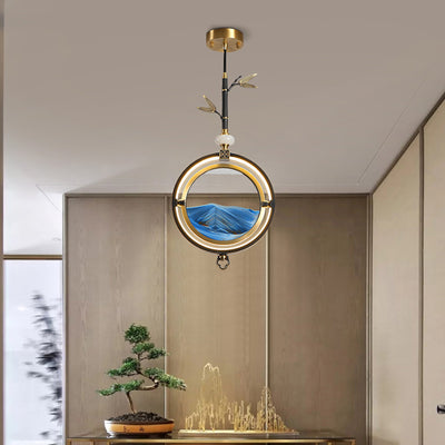 Traditional Japanese Round Copper Glass LED Pendant Light For Living Room