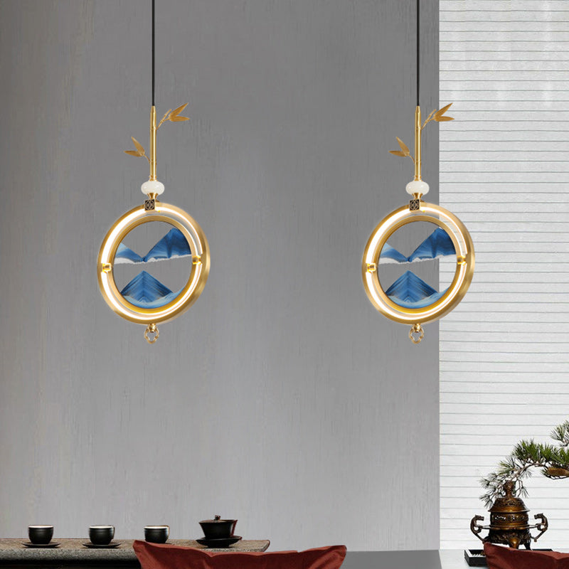 Traditional Japanese Round Copper Glass LED Pendant Light For Living Room