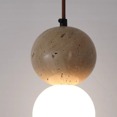 Traditional Japanese Globe Stone Wood Glass 1-Light Pendant Light For Living Room