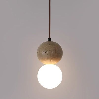 Traditional Japanese Globe Stone Wood Glass 1-Light Pendant Light For Living Room