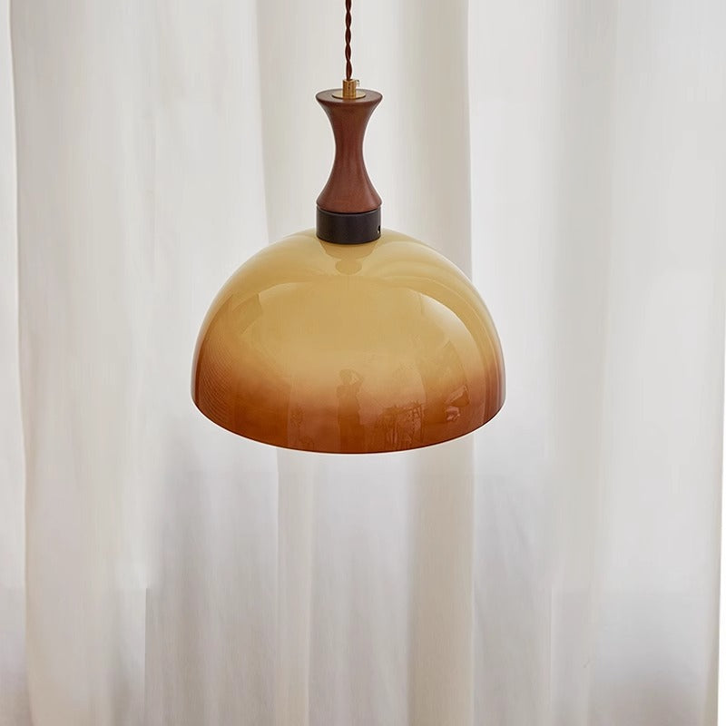 Traditional Japanese Dome Wood Glass 1-Light Pendant Light For Living Room