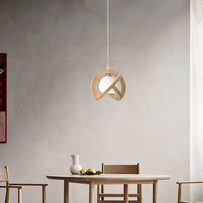 Contemporary Scandinavian Oval Wood Glass 1-Light Pendant Light For Living Room