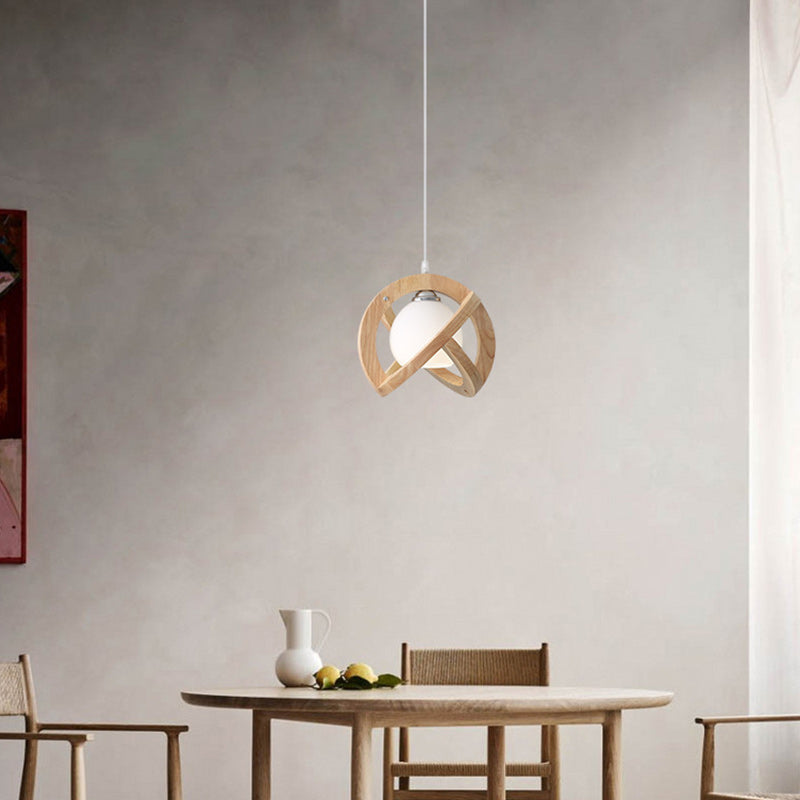 Contemporary Scandinavian Oval Wood Glass 1-Light Pendant Light For Living Room