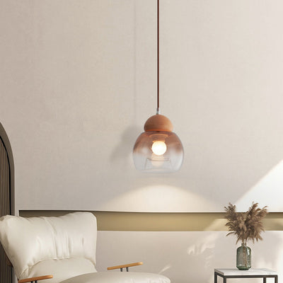 Contemporary Retro Oval Wood Glass 1-Light Pendant Light For Living Room