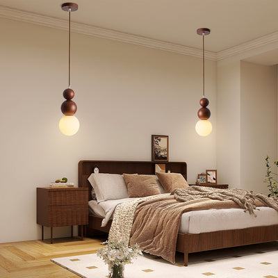 Traditional Japanese Spherical Wood Glass 1-Light Pendant Light For Living Room