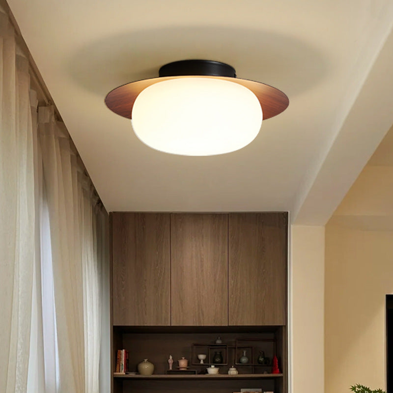 Traditional Japanese Round Iron Plastic LED Semi-Flush Mount Ceiling Light For Living Room