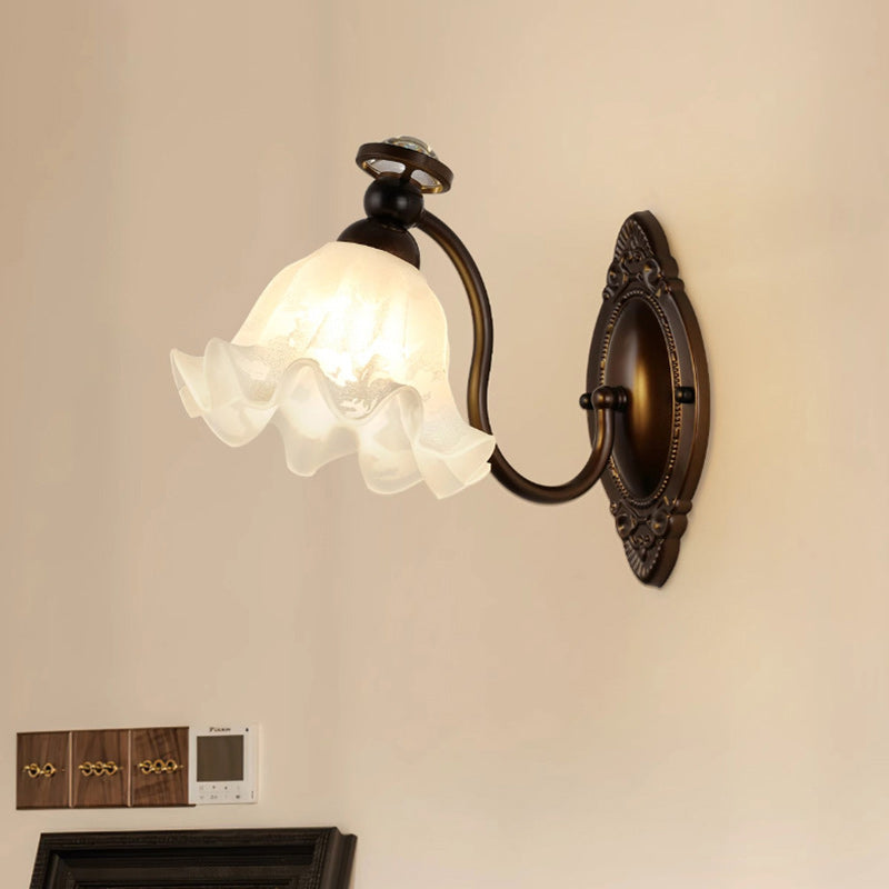 Traditional French Flower Iron Wood Glass 1-Light Wall Sconce Lamp For Living Room