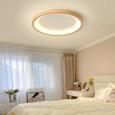 Traditional Japanese Round Wood Acrylic LED Flush Mount Ceiling Light For Living Room