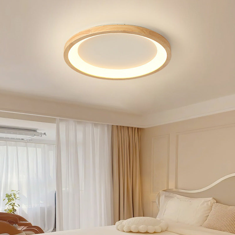 Traditional Japanese Round Wood Acrylic LED Flush Mount Ceiling Light For Living Room