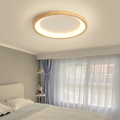 Traditional Japanese Round Wood Acrylic LED Flush Mount Ceiling Light For Living Room