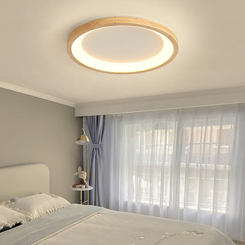 Traditional Japanese Round Wood Acrylic LED Flush Mount Ceiling Light For Living Room