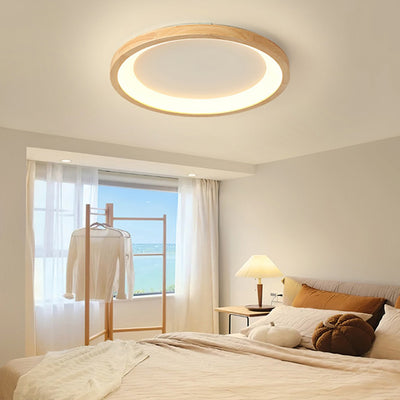 Traditional Japanese Round Wood Acrylic LED Flush Mount Ceiling Light For Living Room