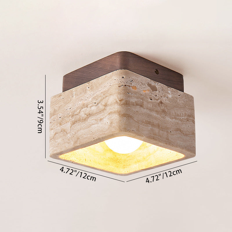 Traditional Japanese Square Wood Stone 1-Light Flush Mount Ceiling Light For Living Room