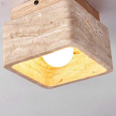 Traditional Japanese Square Wood Stone 1-Light Flush Mount Ceiling Light For Living Room