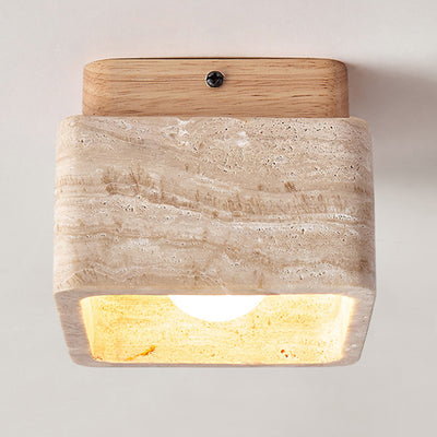 Traditional Japanese Square Wood Stone 1-Light Flush Mount Ceiling Light For Living Room