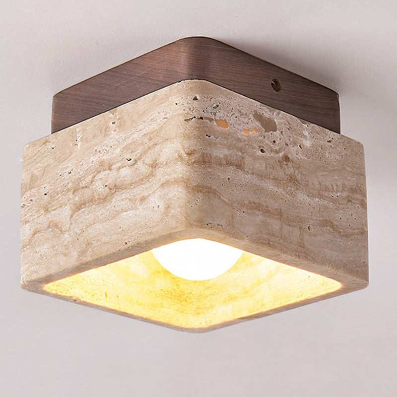 Traditional Japanese Square Wood Stone 1-Light Flush Mount Ceiling Light For Living Room