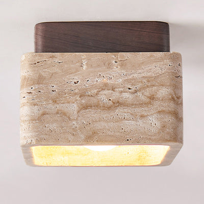 Traditional Japanese Square Wood Stone 1-Light Flush Mount Ceiling Light For Living Room