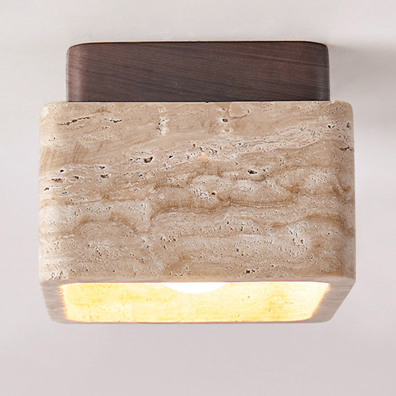 Traditional Japanese Square Wood Stone 1-Light Flush Mount Ceiling Light For Living Room