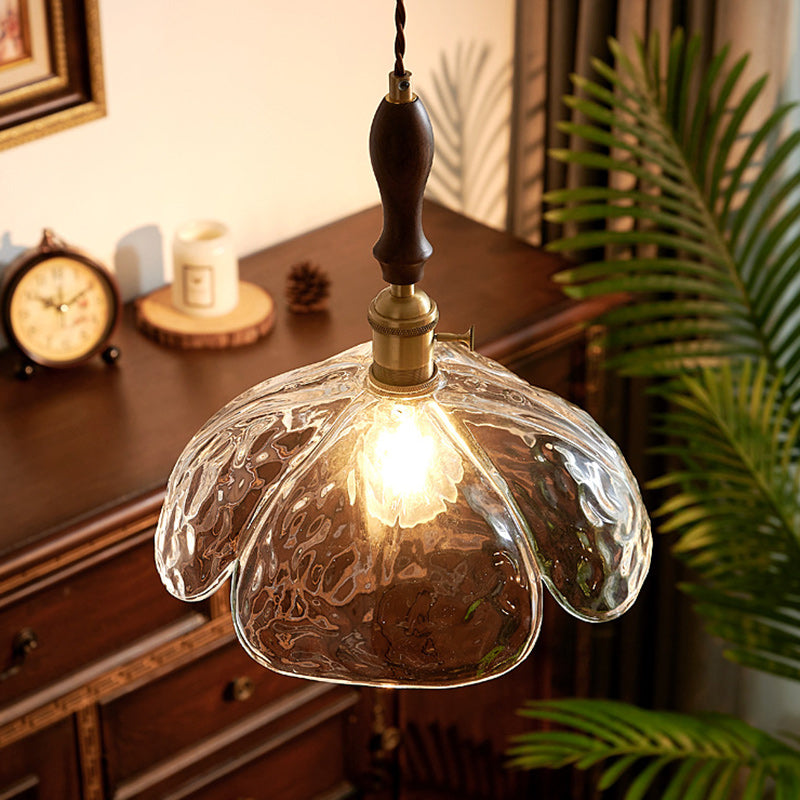 Traditional Japanese Flower Copper Wood Glass 1-Light Pendant Light For Living Room