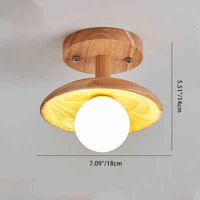 Traditional Japanese Round Wood Glass 1-Light Semi-Flush Mount Ceiling Light For Living Room