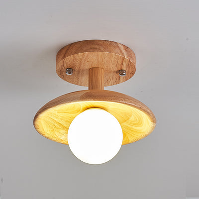 Traditional Japanese Round Wood Glass 1-Light Semi-Flush Mount Ceiling Light For Living Room