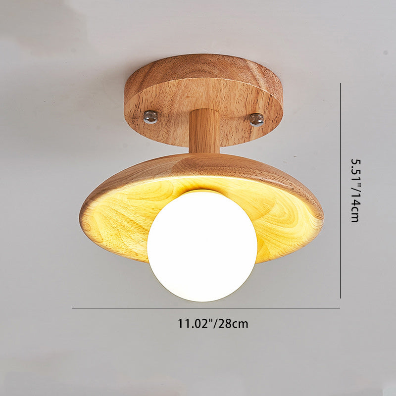 Traditional Japanese Round Wood Glass 1-Light Semi-Flush Mount Ceiling Light For Living Room