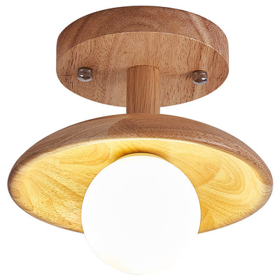 Traditional Japanese Round Wood Glass 1-Light Semi-Flush Mount Ceiling Light For Living Room