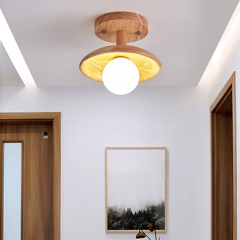 Traditional Japanese Round Wood Glass 1-Light Semi-Flush Mount Ceiling Light For Living Room