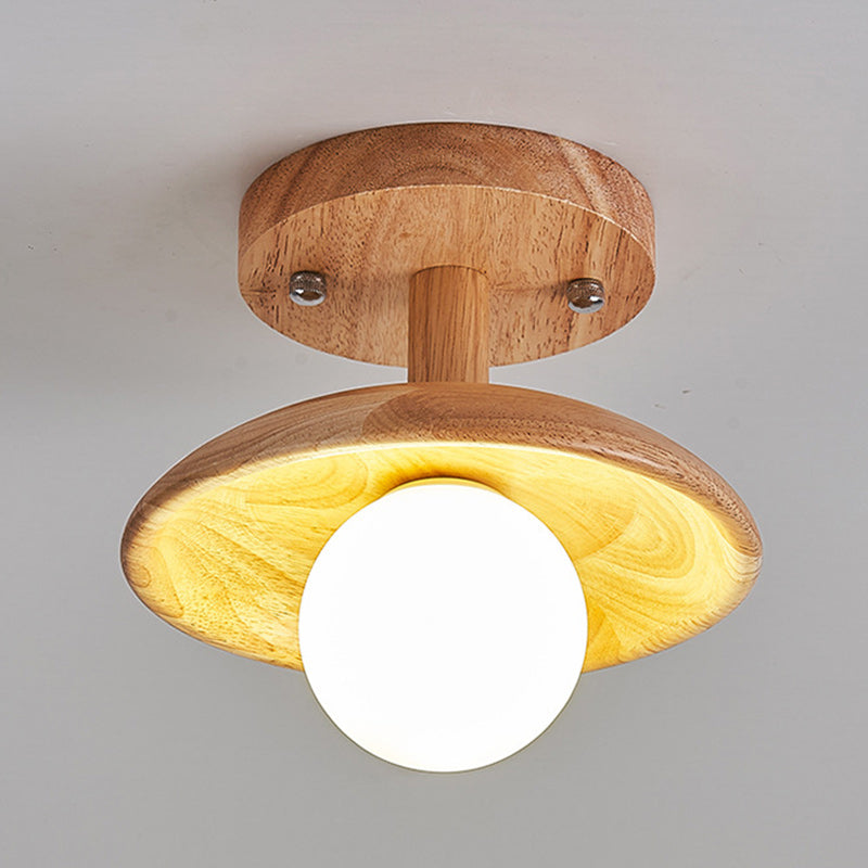 Traditional Japanese Round Wood Glass 1-Light Semi-Flush Mount Ceiling Light For Living Room