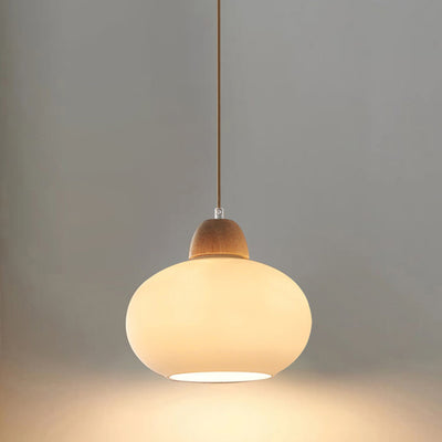 Contemporary Scandinavian Oval Wood Glass 1-Light Pendant Light For Living Room