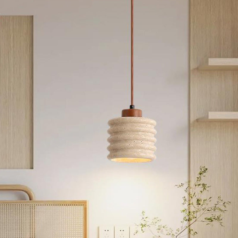 Traditional Japanese Column Wood Stone 1-Light Pendant Light For Living Room