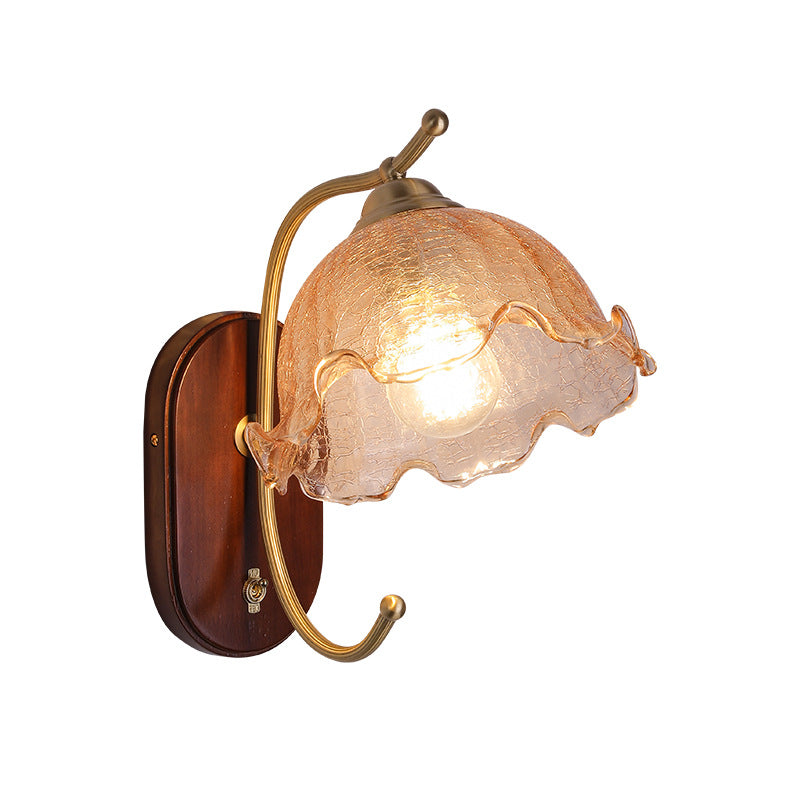 Traditional French Dome Wood Copper Glass 1-Light Wall Sconce Lamp For Living Room