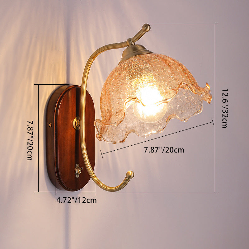 Traditional French Dome Wood Copper Glass 1-Light Wall Sconce Lamp For Living Room