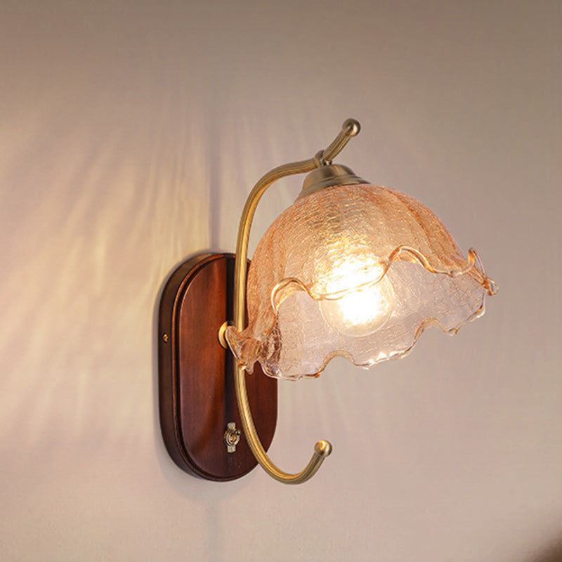 Traditional French Dome Wood Copper Glass 1-Light Wall Sconce Lamp For Living Room