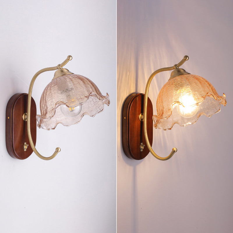 Traditional French Dome Wood Copper Glass 1-Light Wall Sconce Lamp For Living Room