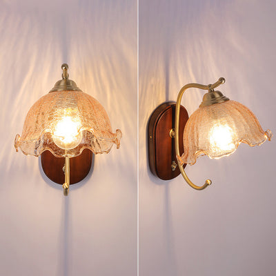 Traditional French Dome Wood Copper Glass 1-Light Wall Sconce Lamp For Living Room