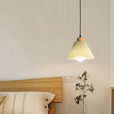 Traditional Japanese Cone Wood Fabric 1-Light Pendant Light For Living Room