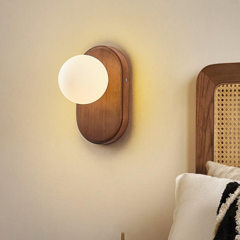 Modern Minimalist Oval Wood Glass 1-Light Wall Sconce Lamp For Living Room