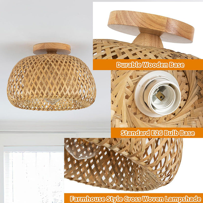 Traditional Chinese Round Wood Rattan 1-Light Semi-Flush Mount Ceiling Light For Dining Room