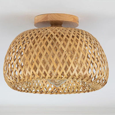 Traditional Chinese Round Wood Rattan 1-Light Semi-Flush Mount Ceiling Light For Dining Room