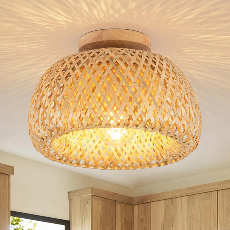 Traditional Chinese Round Wood Rattan 1-Light Semi-Flush Mount Ceiling Light For Dining Room