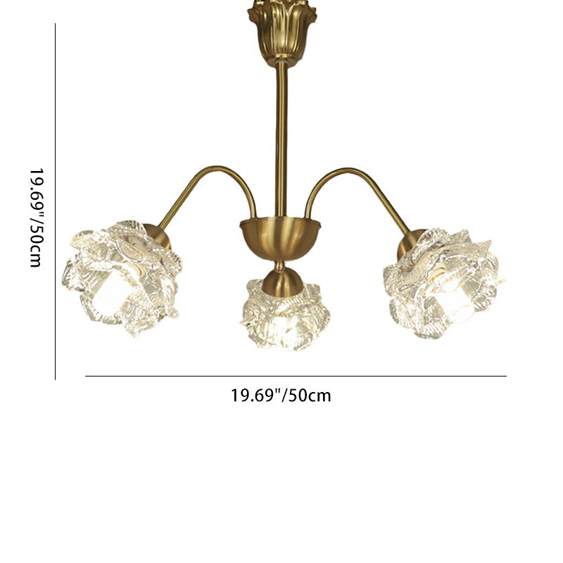 Traditional French Flower Copper Glass 3-Light Chandelier For Living Room