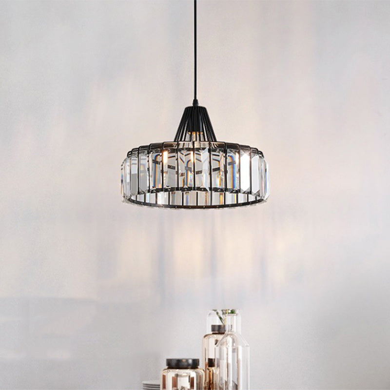 Modern Transitional Round Iron Crystal 1-Light Pendant Light For Living Room