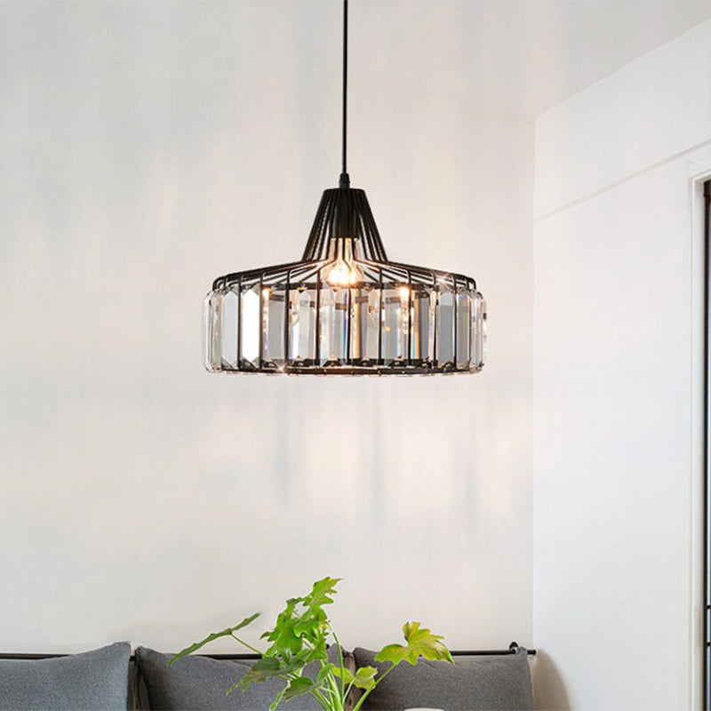 Modern Transitional Round Iron Crystal 1-Light Pendant Light For Living Room